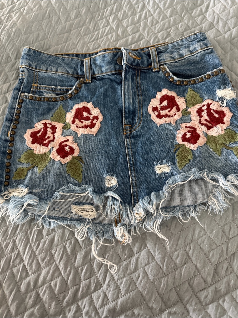 FreePeople Embroidery Rose Distressed Denim Shorts - Blue with Red & Pink Floral
